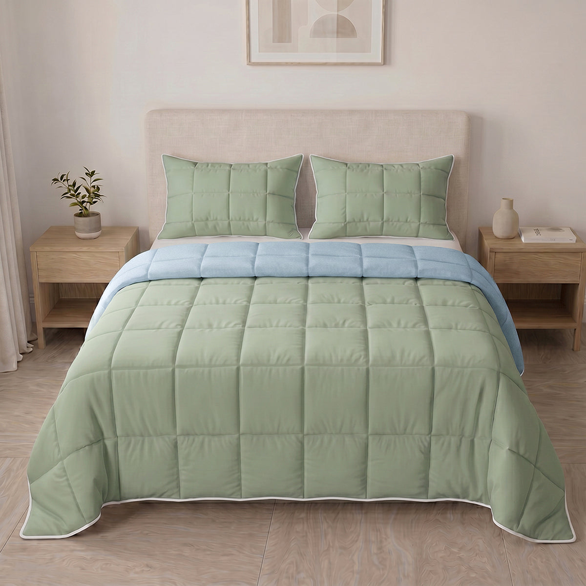 Cubrelecho para cama doble azul claro y verde en microfibra acolchada 140x190 cm