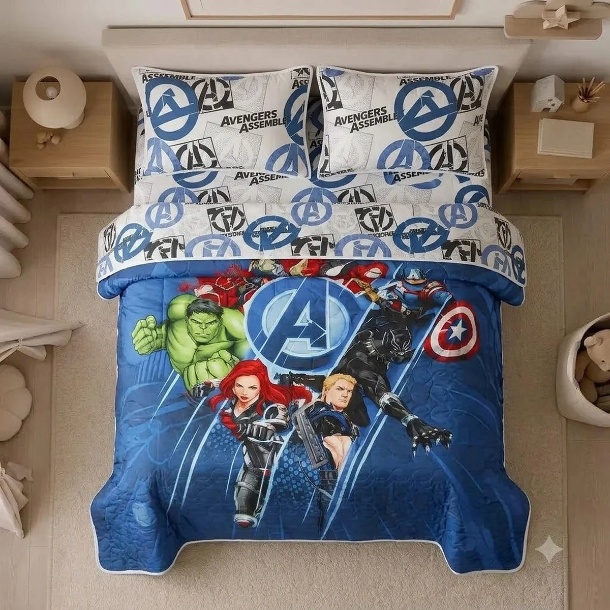 Cubrelecho infantil sencillo azul Disney core Avengers doble faz en microfibra 100x190 cm