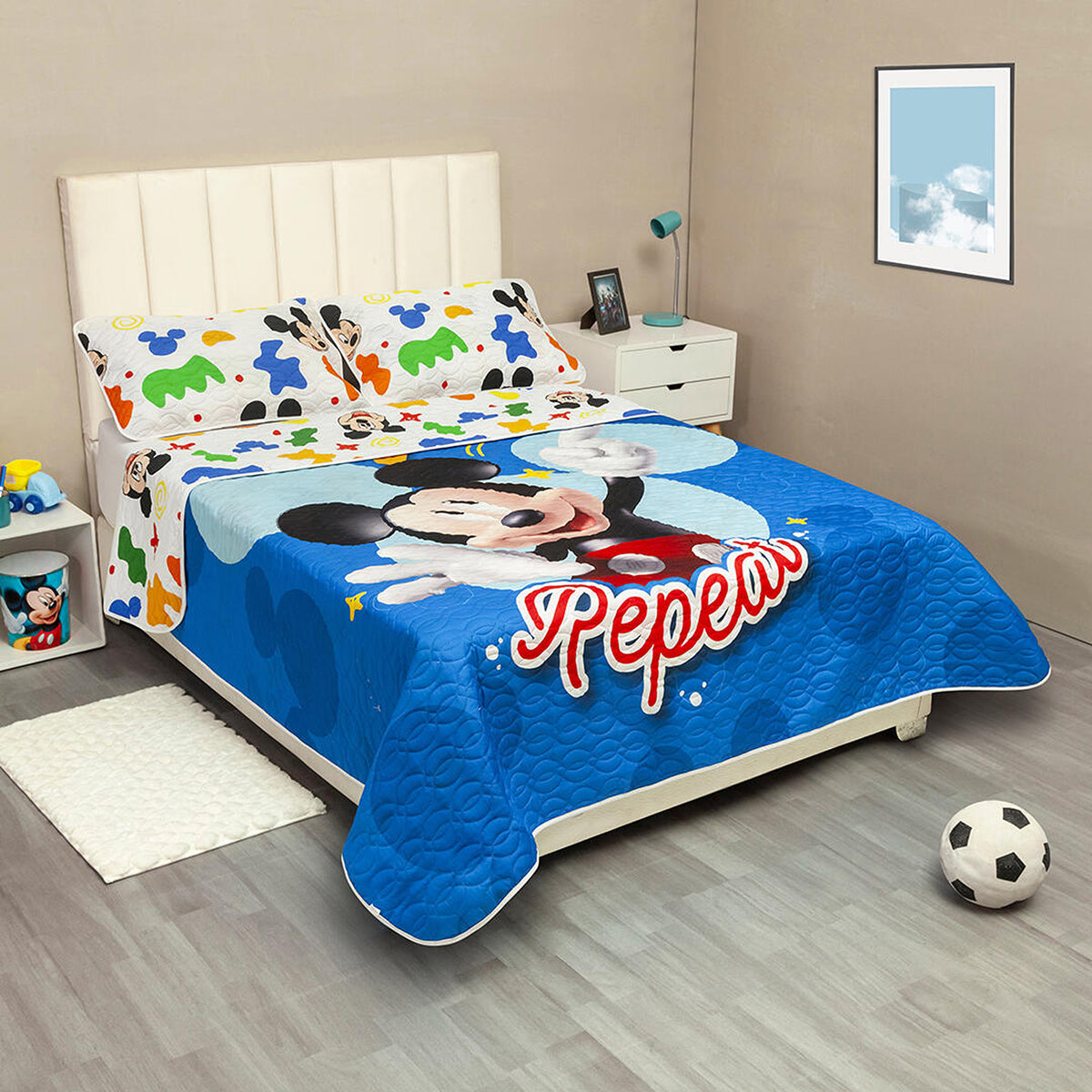 Cubrelecho infantil sencillo azul Disney Cores Mickey Jr doble faz 100x190 cm