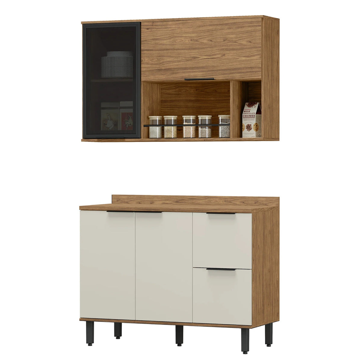 Cocina Malta Natural y Blanco Apagado 120x163.5cm con Cuatro Puertas sin Mesón y Sin Estufa