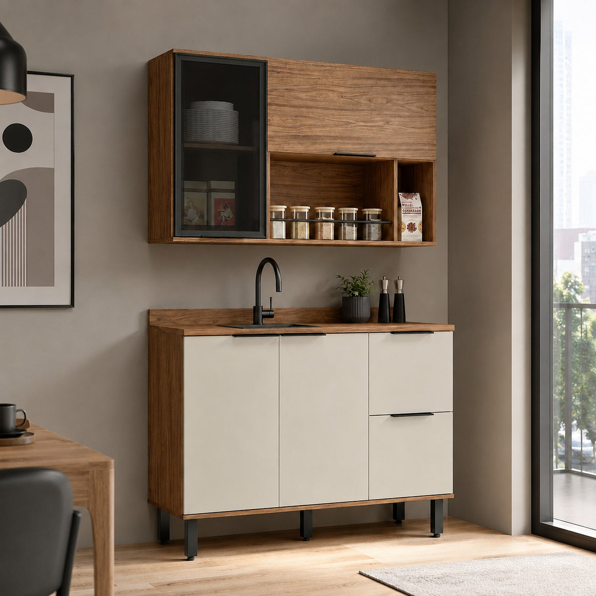 Cocina Malta Natural y Blanco Apagado 120x163.5cm con Cuatro Puertas sin Mesón y Sin Estufa