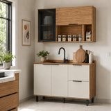 Cocina Malta Natural y Blanco Apagado 120x163.5cm con Cuatro Puertas sin Mesón y Sin Estufa