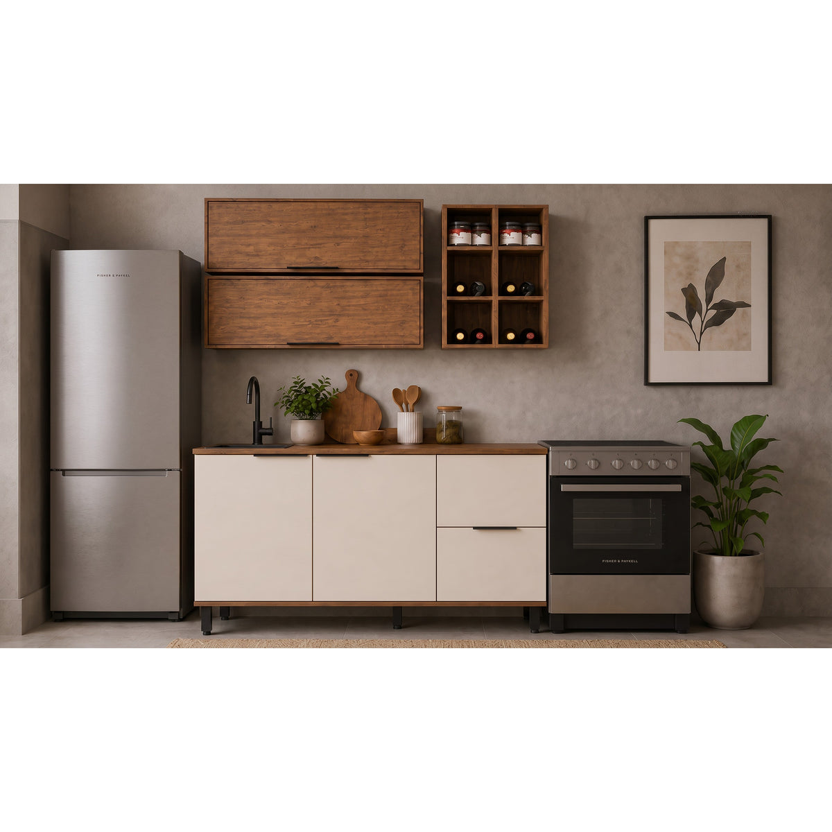 Cocina Tahiti Natural y Blanco Apagado 120x163.5cm con Cuatro Puertas sin Mesón y Sin Estufa