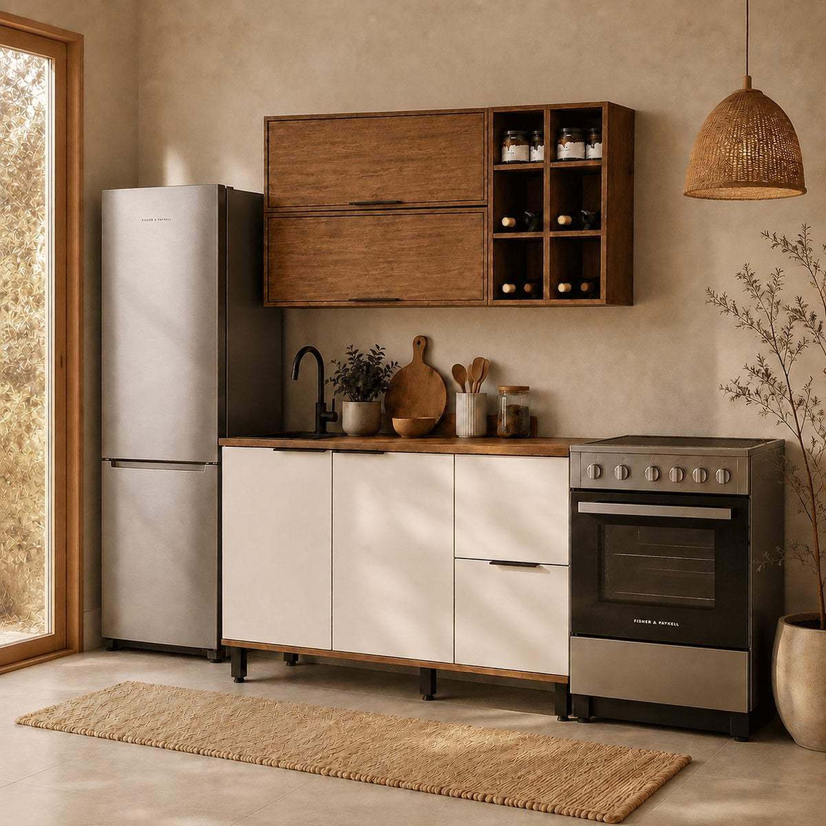 Cocina Tahiti Natural y Blanco Apagado 120x163.5cm con Cuatro Puertas sin Mesón y Sin Estufa