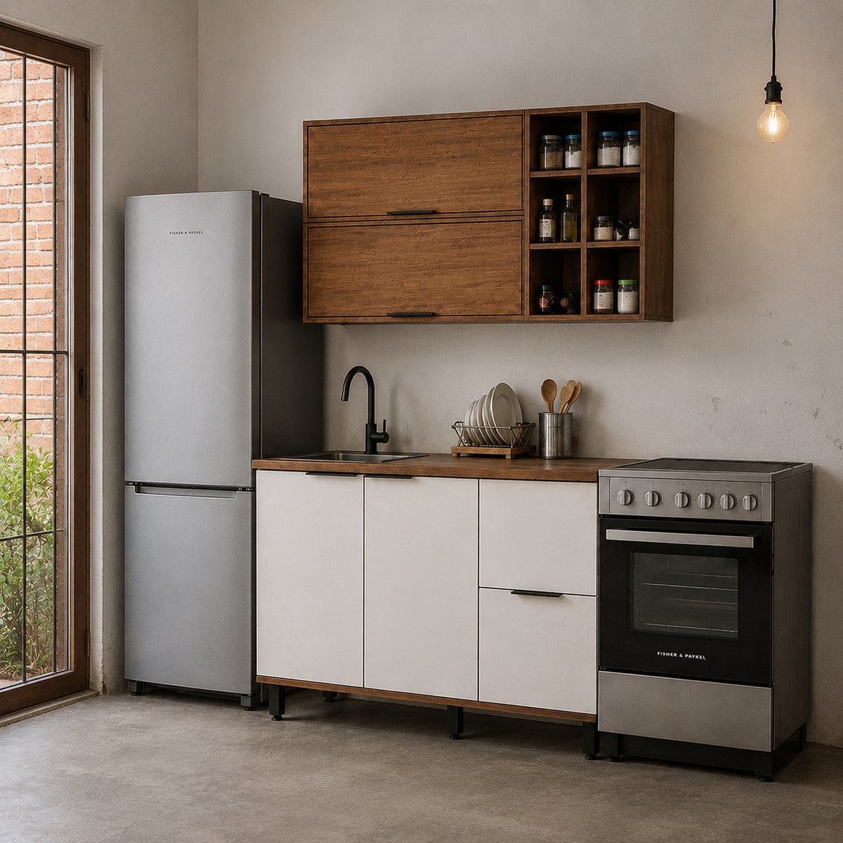 Cocina Tahiti Natural y Blanco Apagado 120x163.5cm con Cuatro Puertas sin Mesón y Sin Estufa