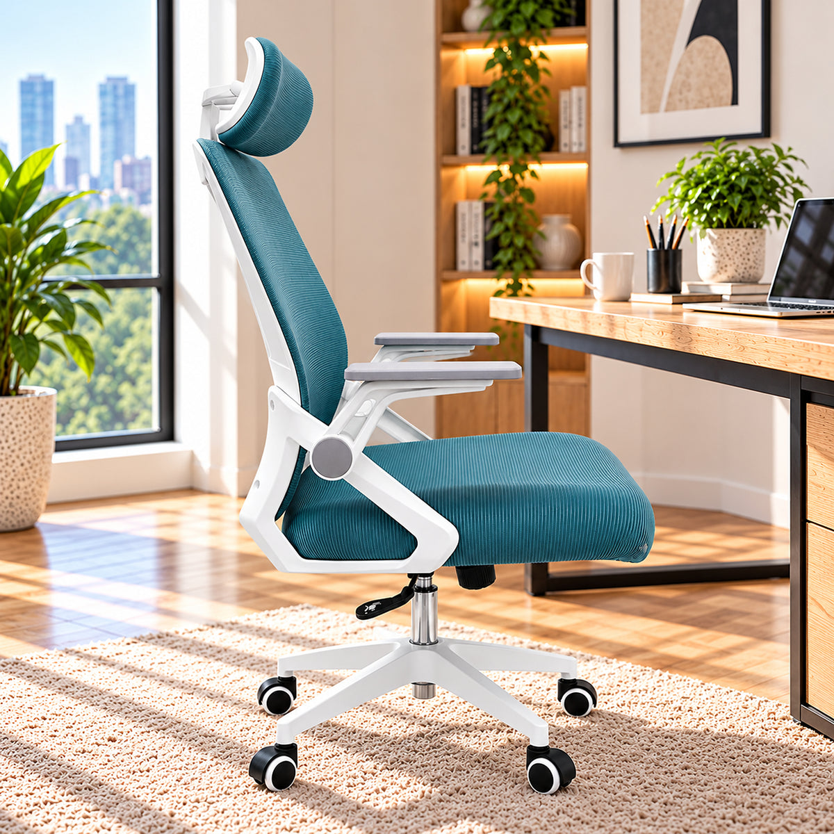 Silla de oficina ergonómica azul aguamarina con cabecero y soporte lumbar 59x92 cm