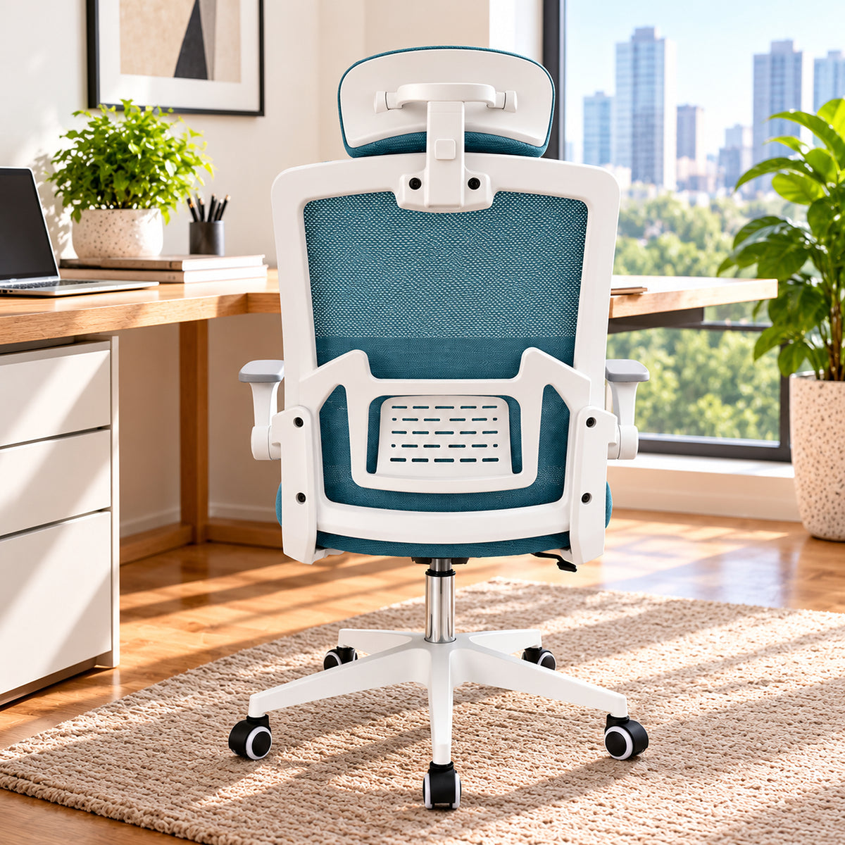 Silla de oficina ergonómica azul aguamarina con cabecero y soporte lumbar 59x92 cm