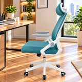 Silla de oficina ergonómica azul aguamarina con cabecero y soporte lumbar 59x92 cm