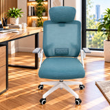 Silla de oficina ergonómica azul aguamarina con cabecero y soporte lumbar 59x92 cm