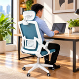 Silla de oficina ergonómica azul aguamarina con cabecero y soporte lumbar 59x92 cm