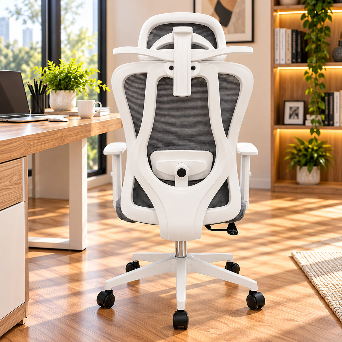 Silla de oficina azul aguamarina en malla con cabecero ajustable y ruedas 65x120 cm
