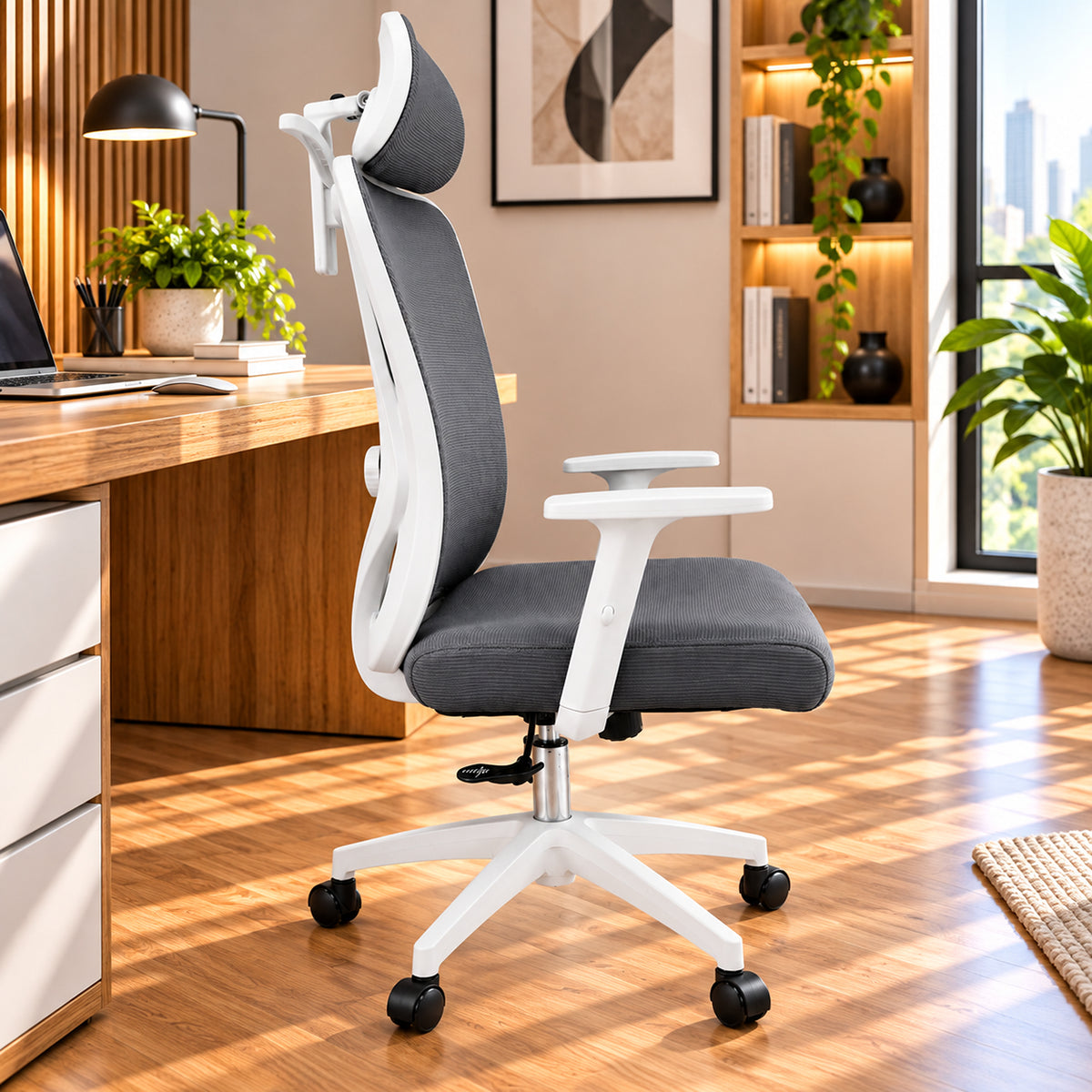 Silla de oficina azul aguamarina en malla con cabecero ajustable y ruedas 65x120 cm