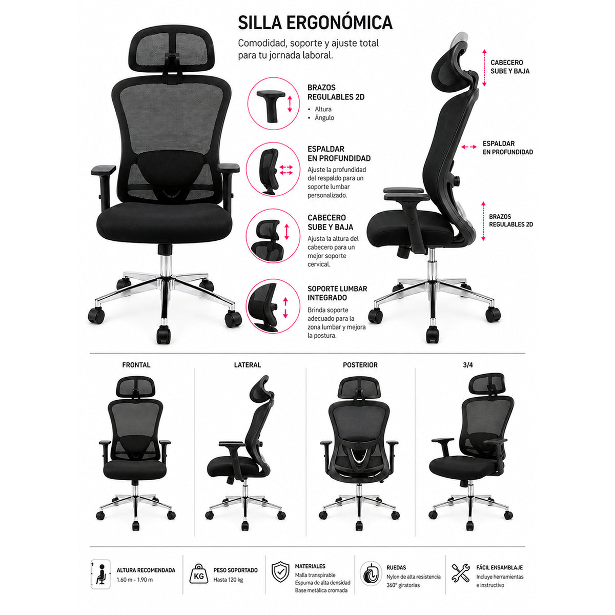 Silla de oficina ergonómica negra con cabecero y soporte lumbar 65x120 cm