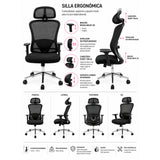 Silla de oficina ergonómica negra con cabecero y soporte lumbar 65x120 cm