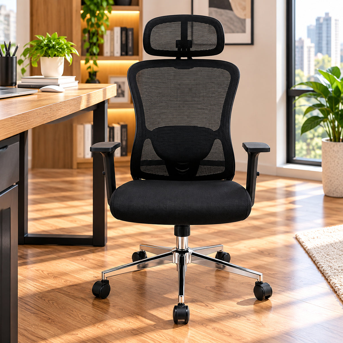 Silla de oficina ergonómica negra con cabecero y soporte lumbar 65x120 cm