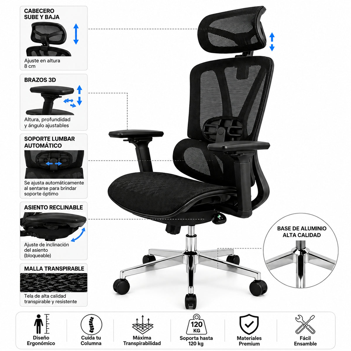 Silla de oficina ergonómica negra en malla con cabecero y brazos 3D 65x120cm