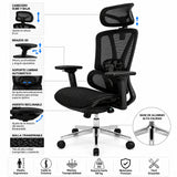 Silla de oficina ergonómica negra en malla con cabecero y brazos 3D 65x120cm