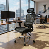 Silla de oficina ergonómica negra en malla con cabecero y brazos 3D 65x120cm