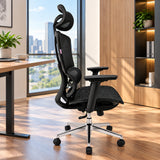 Silla de oficina ergonómica negra en malla con cabecero y brazos 3D 65x120cm