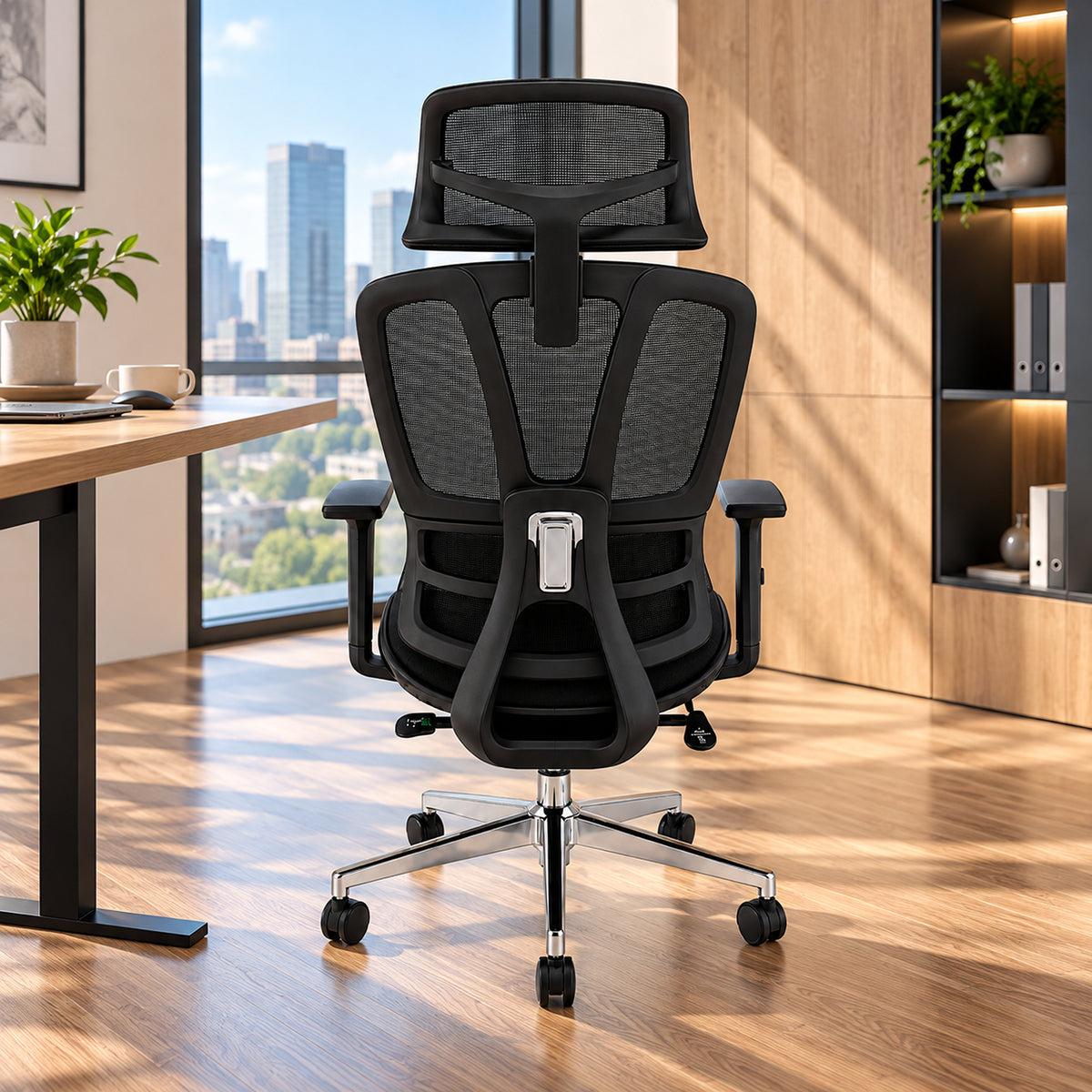 Silla de oficina ergonómica negra en malla con cabecero y brazos 3D 65x120cm