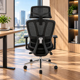Silla de oficina ergonómica negra en malla con cabecero y brazos 3D 65x120cm