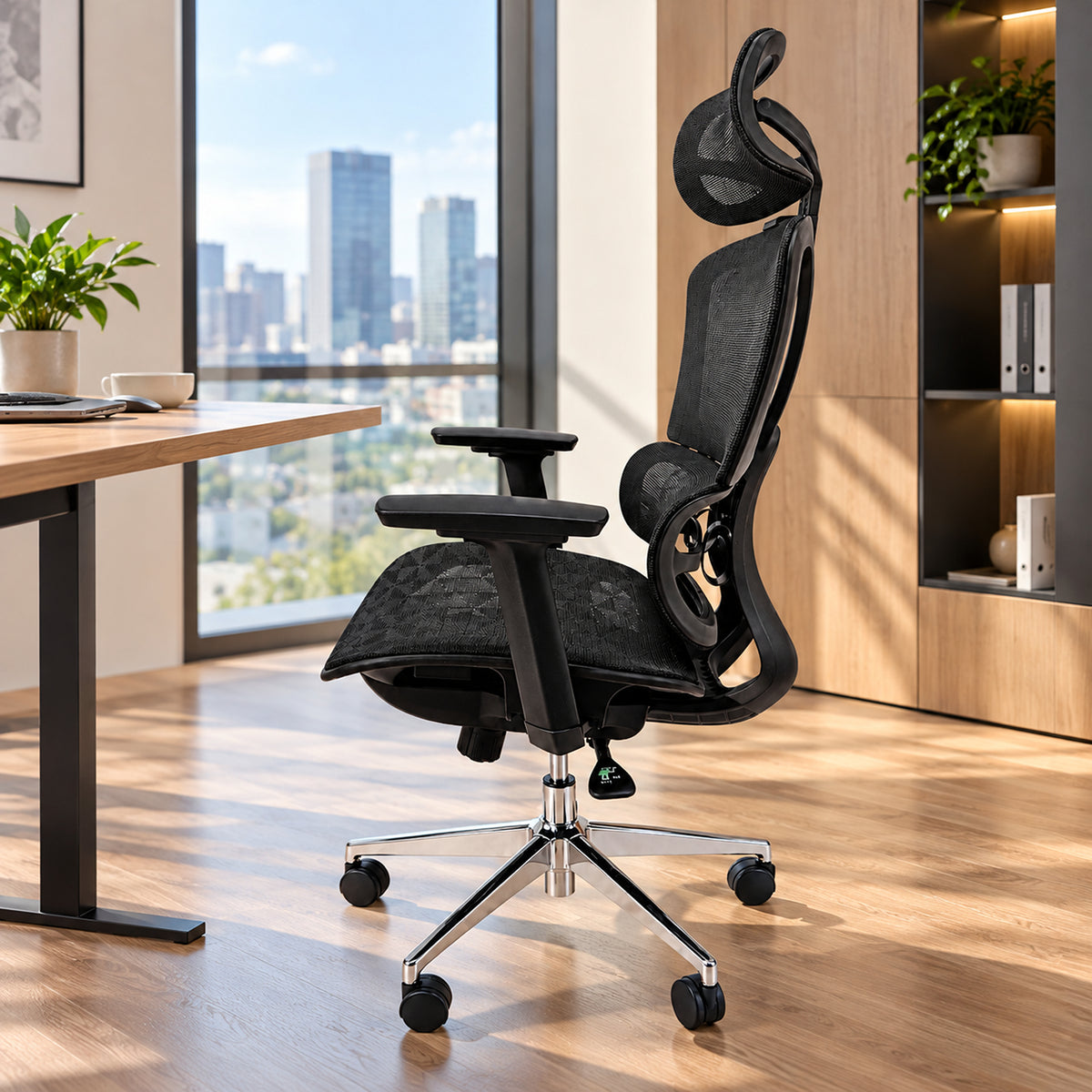 Silla de oficina ergonómica negra en malla con cabecero y brazos 3D 65x120cm