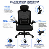 Silla de oficina ergonómica negra en malla con cabecero ajustable 59x92 cm