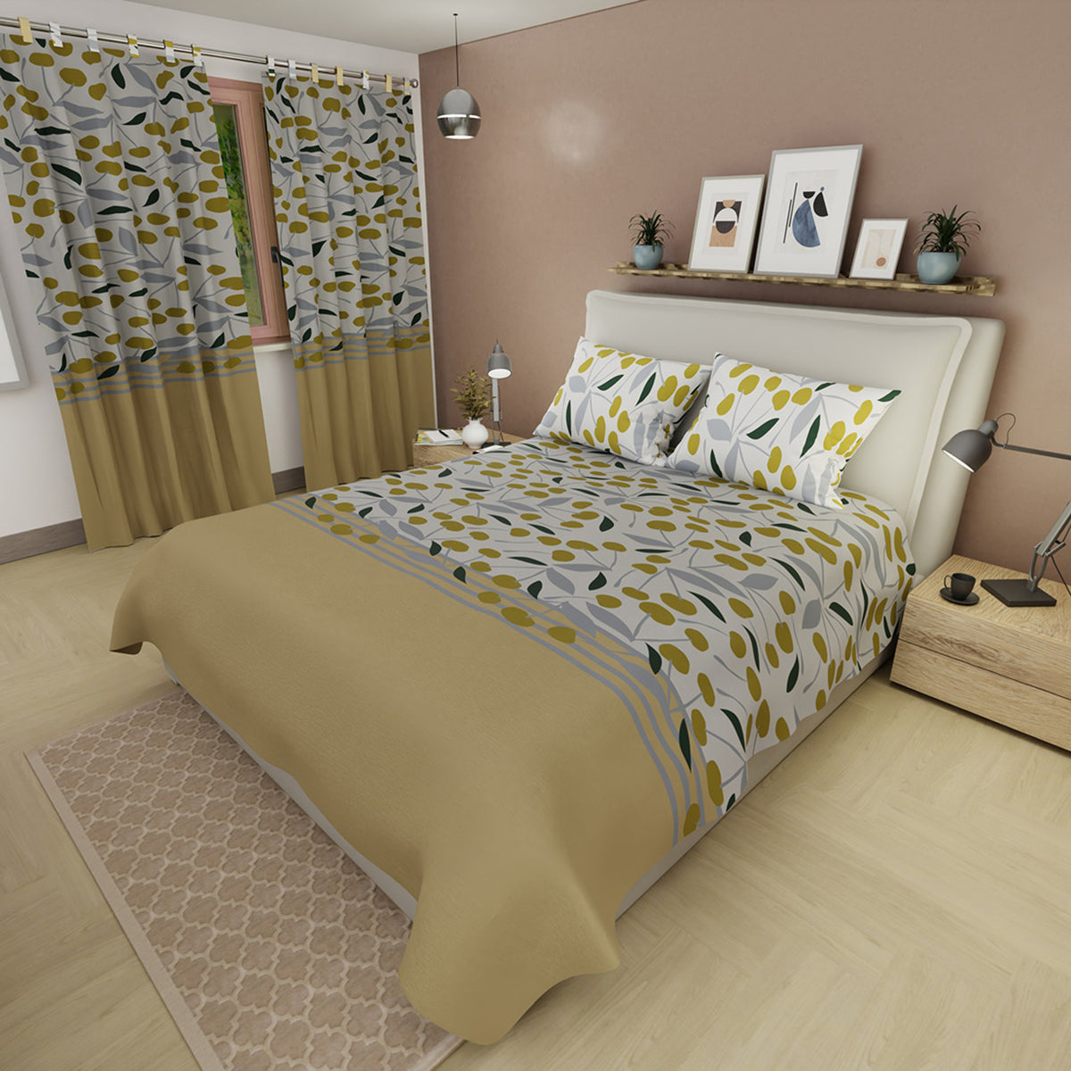Juego de sábanas Otoño queen dorado con cortina en microfibra 160x190 cm