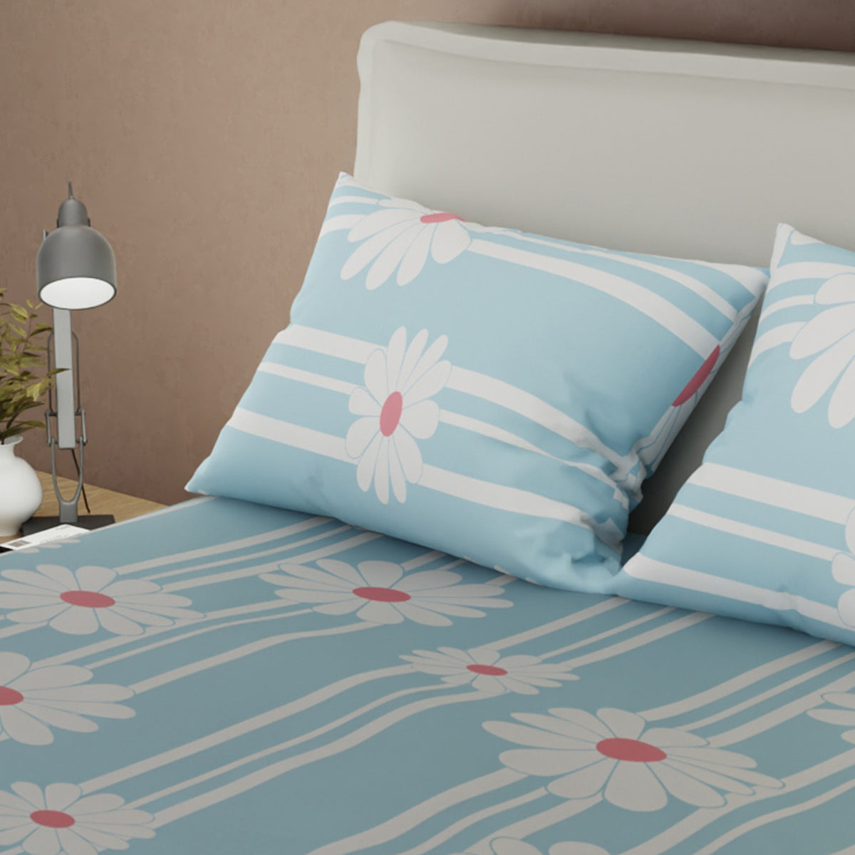 Juego de sábanas Día de Primavera queen azul y gris con cortina en microfibra 160x190 cm