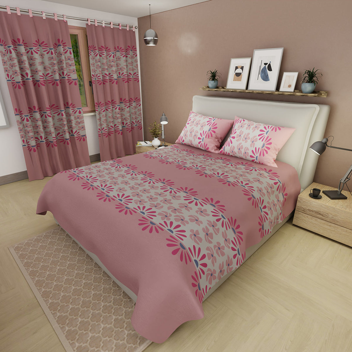 Juego de sábanas queen rosado Spring Bright con cortina en microfibra 160x190 cm