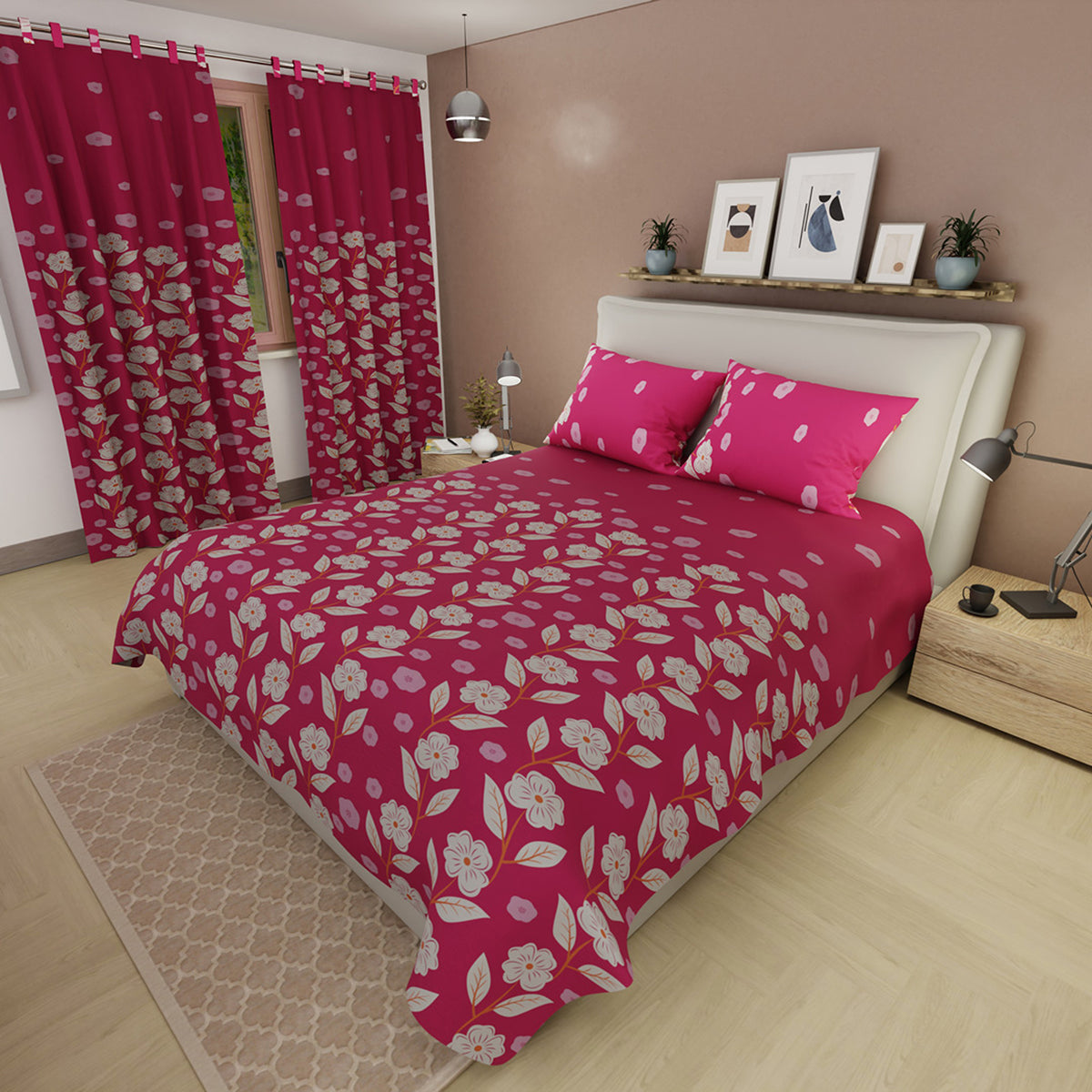 Juego de sábanas Elegant Flora queen rosado con cortina en microfibra 160x190 cm