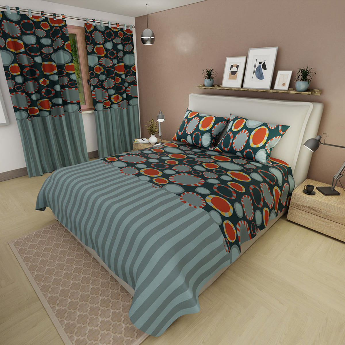 Juego de sábanas Dynamic Stripes para cama doble azul oscuro con cortina en microfibra 140x190 cm