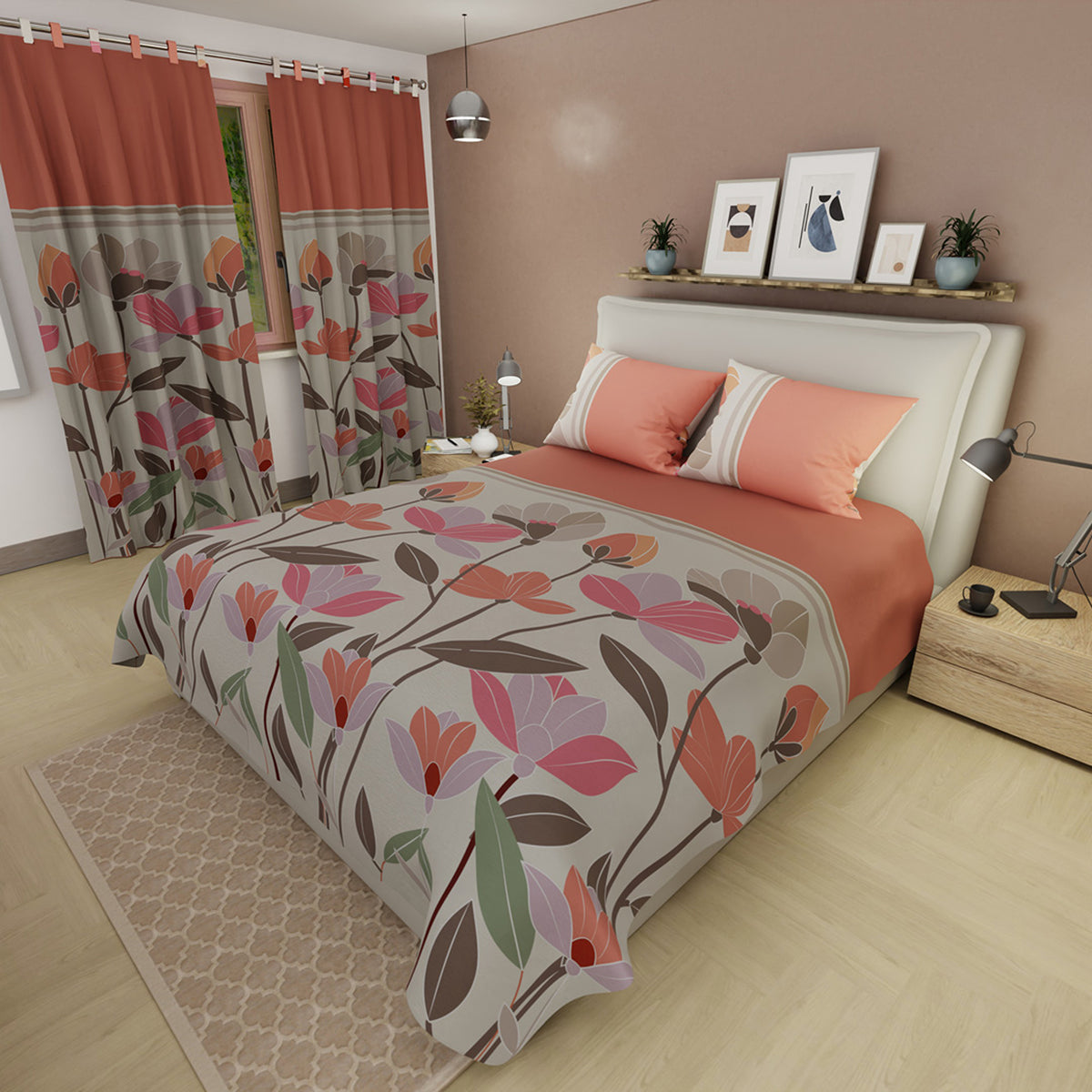 Juego de sábanas Pradera para cama doble avellana y naranja en microfibra 140x190 cm