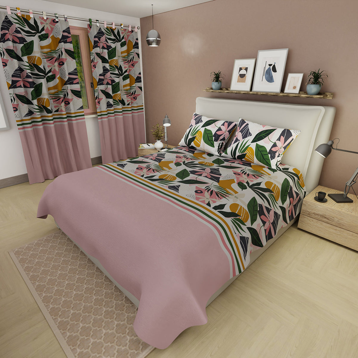 Juego de sábanas Jungla para cama doble rosado y blanco en microfibra 140x190 cm