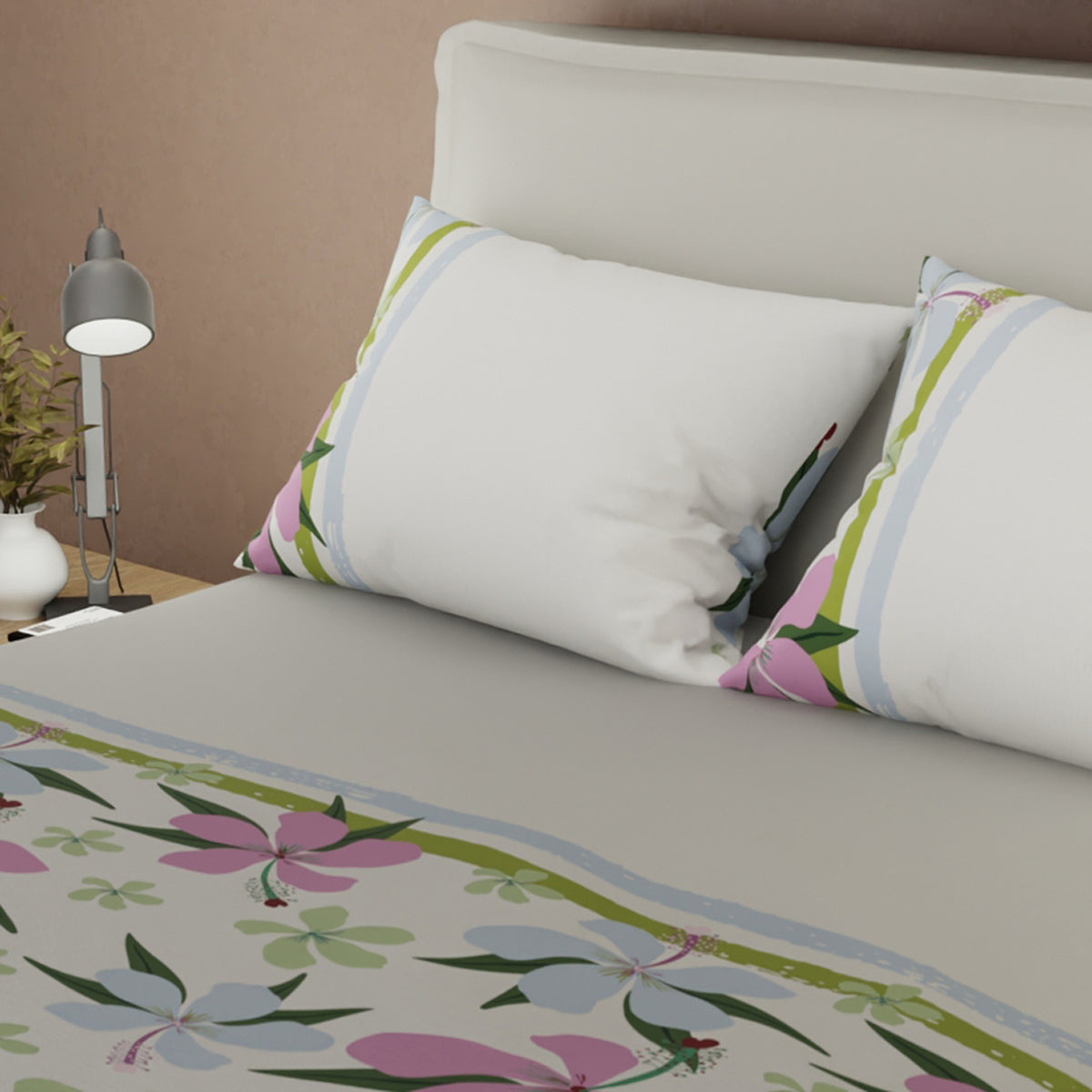 Juego de sábanas Follaje para cama doble verde grisáceo en microfibra 140x190 cm
