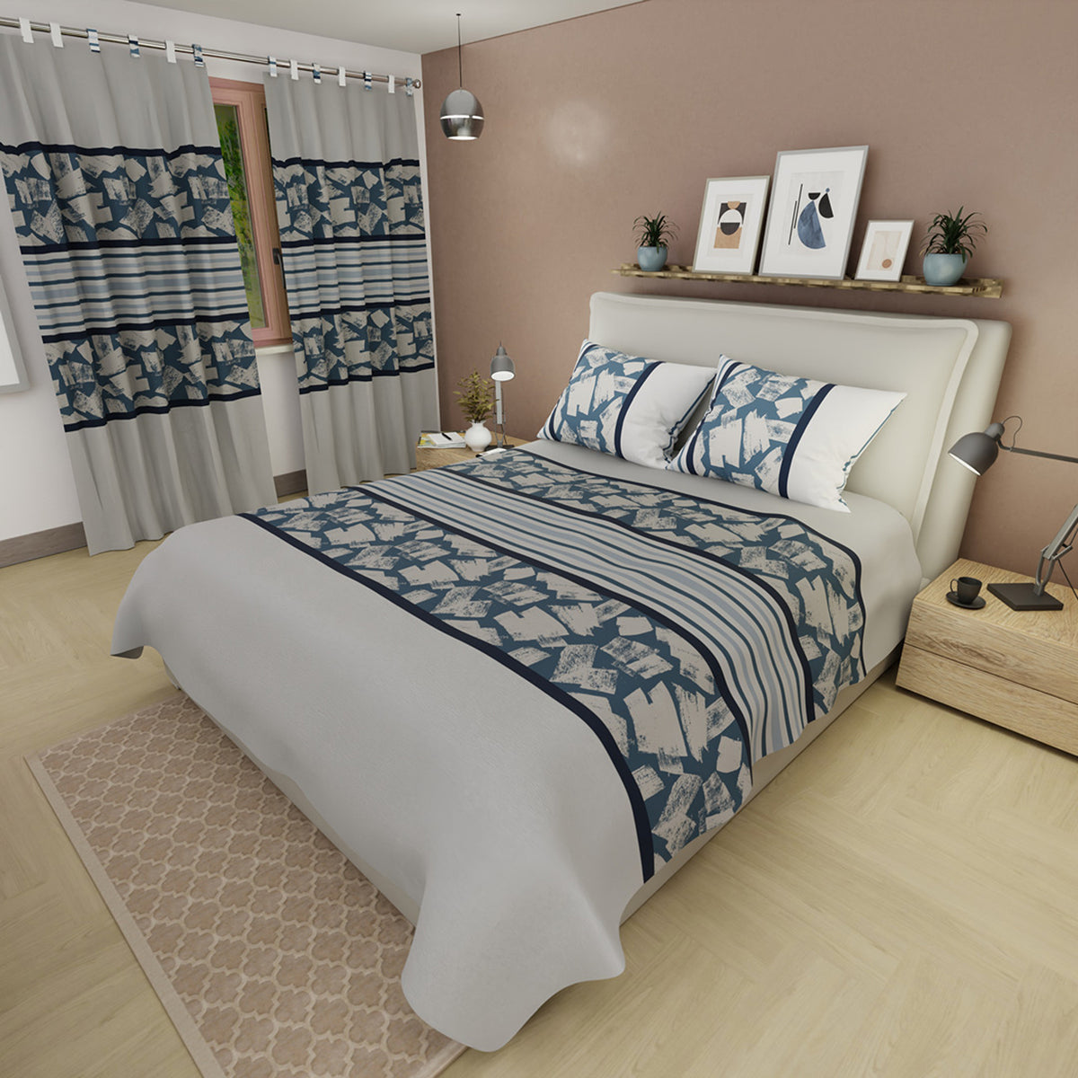 Juego de sábanas Ash & Cobalt para cama doble gris y azul con cortina en microfibra 140x190 cm