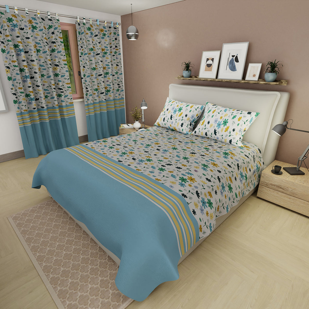 Juego de sábanas Aroma de Flores king azul cielo en microfibra 200x200 cm