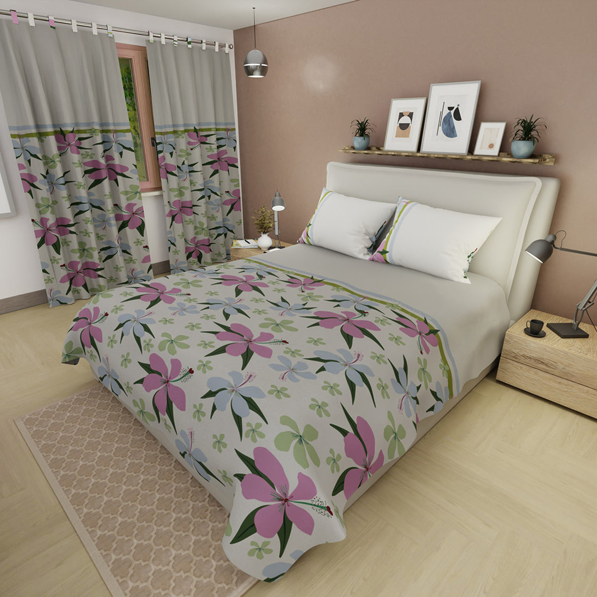 Juego de sábanas Follaje king gris y rosado en microfibra 200x200 cm