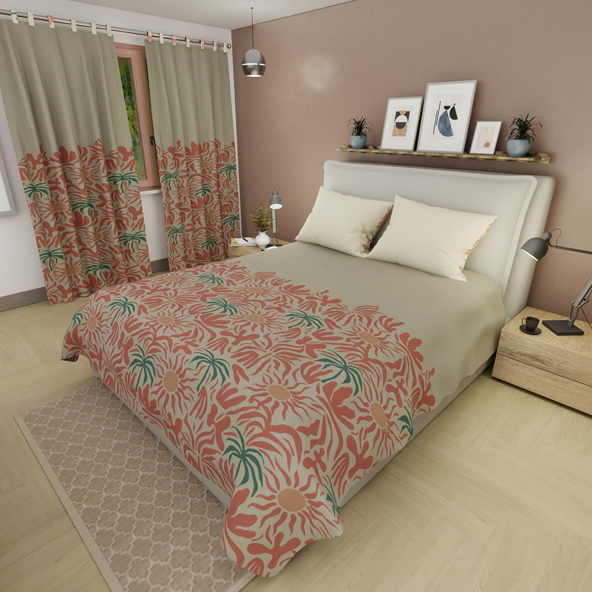 Juego de sábanas Helecho Topacio queen beige y coral 160x190 cm microfibra