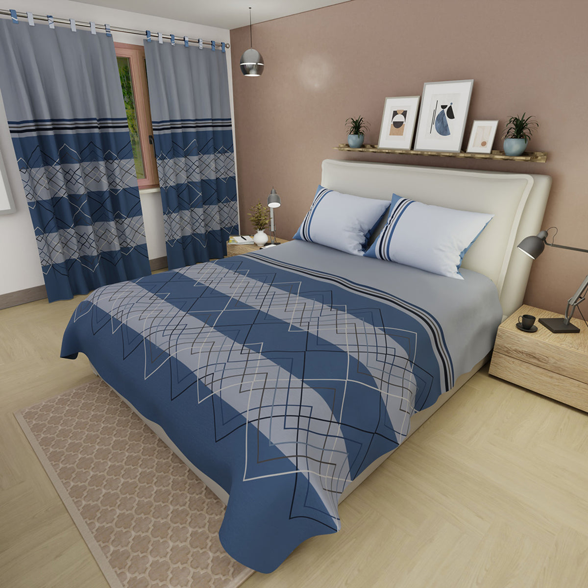 Juego de sábanas Zig-Zag sencillo azul y gris en microfibra 100x190 cm