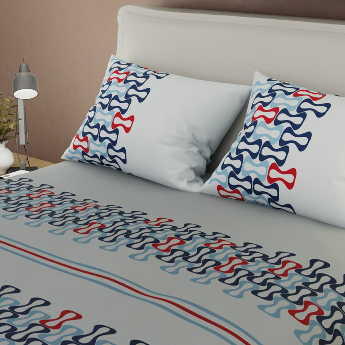 Juego de sábanas Red Retro para cama doble gris y azul en microfibra 140x190 cm