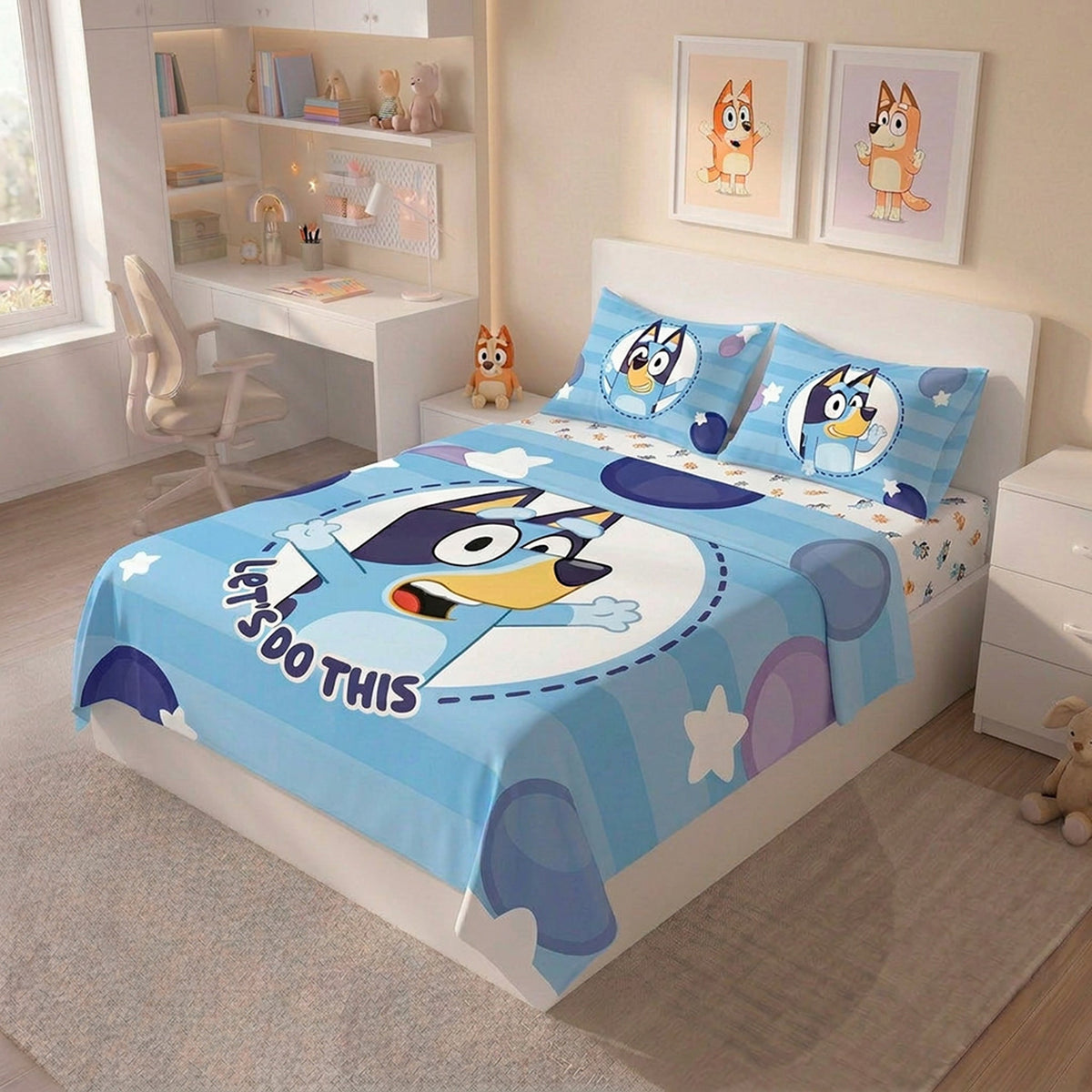 Juego de sábanas Bluey para cama doble azul en microfibra suavizada 140x190 cm