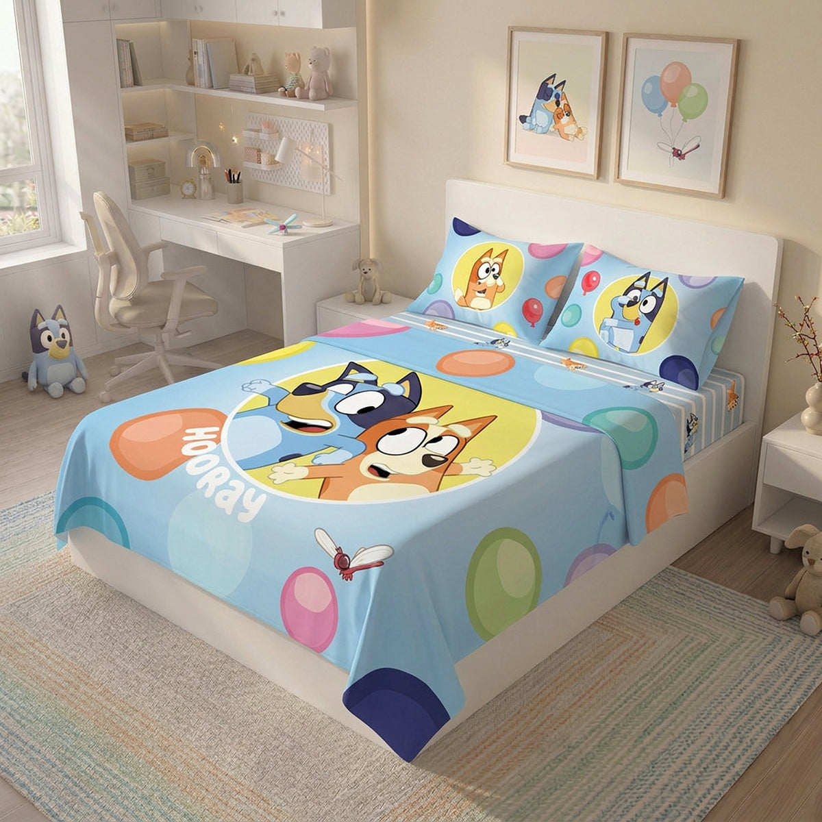 Juego de sábanas azul Bluey y Bingo para cama doble 140x190 cm en microfibra suave