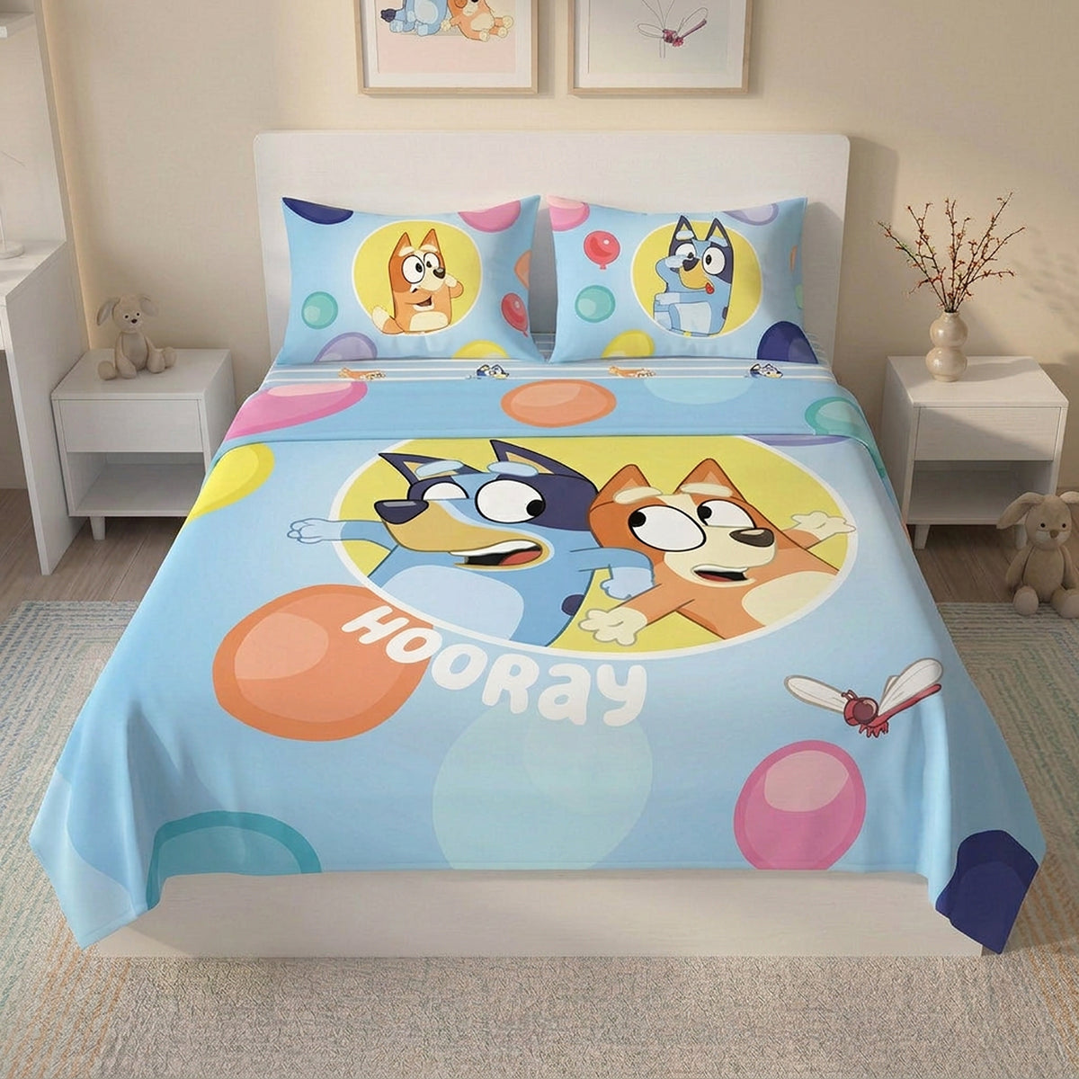 Juego de sábanas azul Bluey y Bingo para cama doble 140x190 cm en microfibra suave