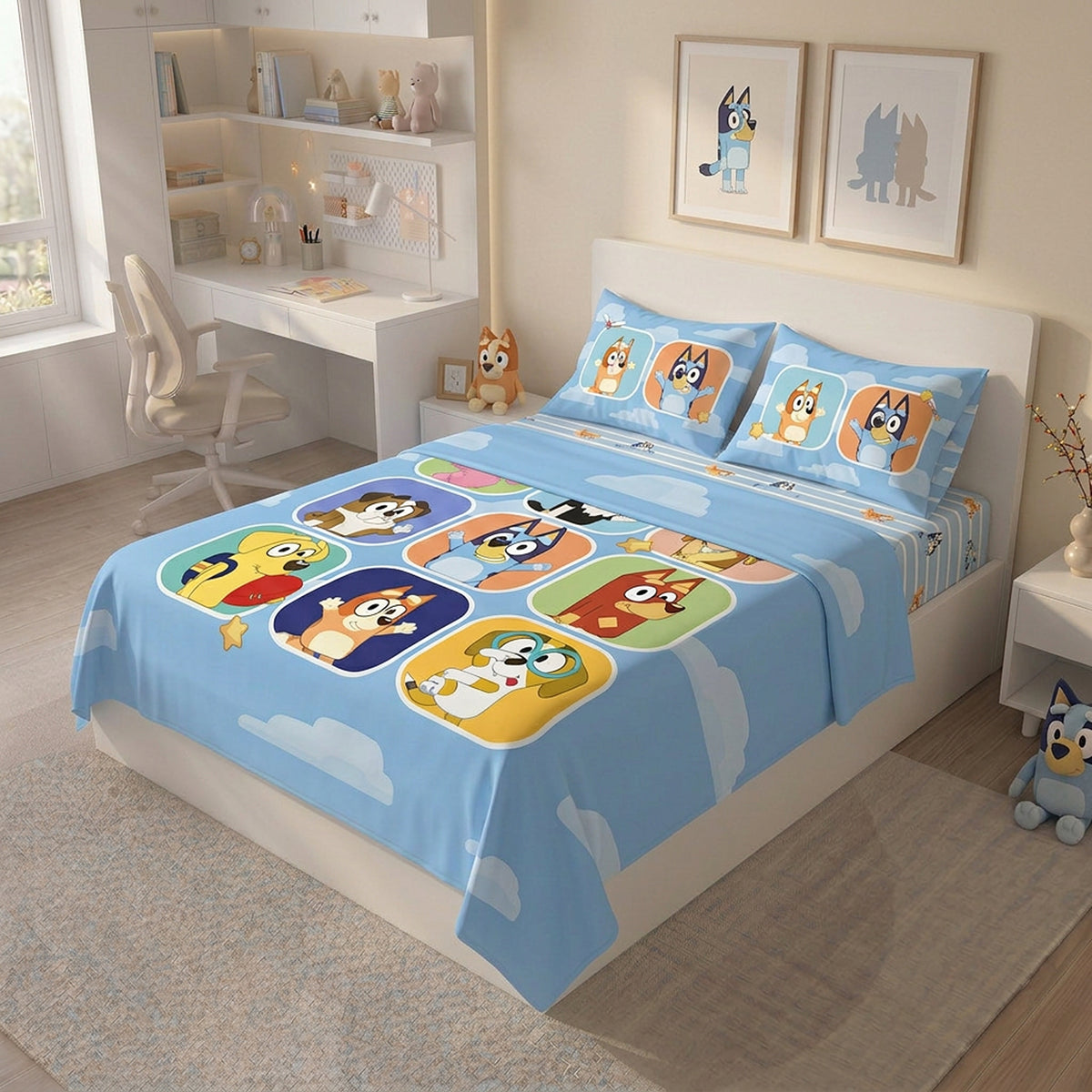 Juego de sábanas azul Bluey y Amigos sencillo 100x190 cm en microfibra suavizada