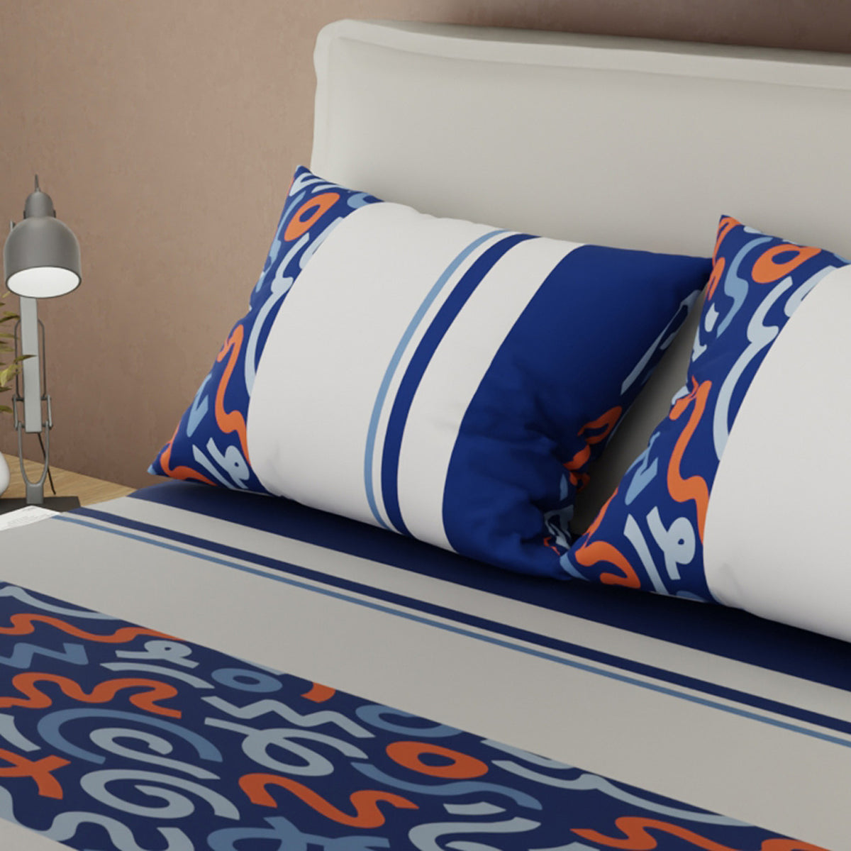Sábana ajustable Neo Trazo para cama doble gris claro y azul marino en microfibra 140x190 cm