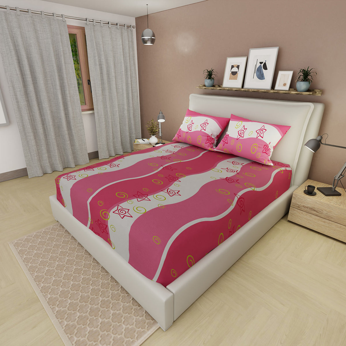 Sábana ajustable Valerín para cama doble estampada fucsia en microfibra suavizada 140x190 cm