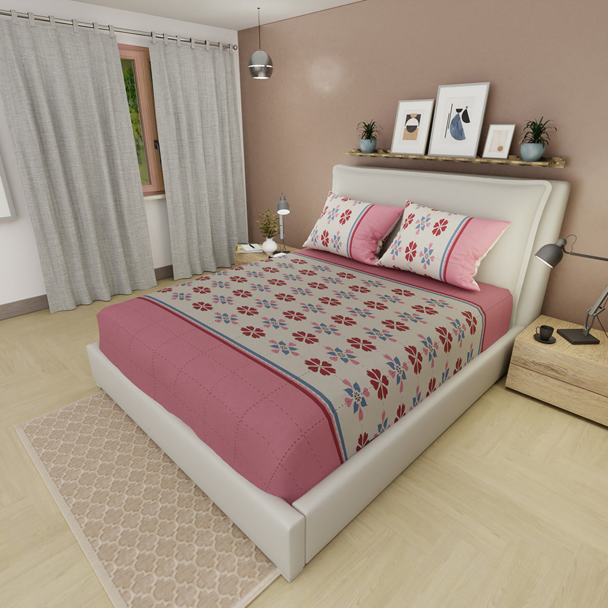 Sábana ajustable Aire Fresco para cama doble beige claro y rosado en microfibra 140x190 cm