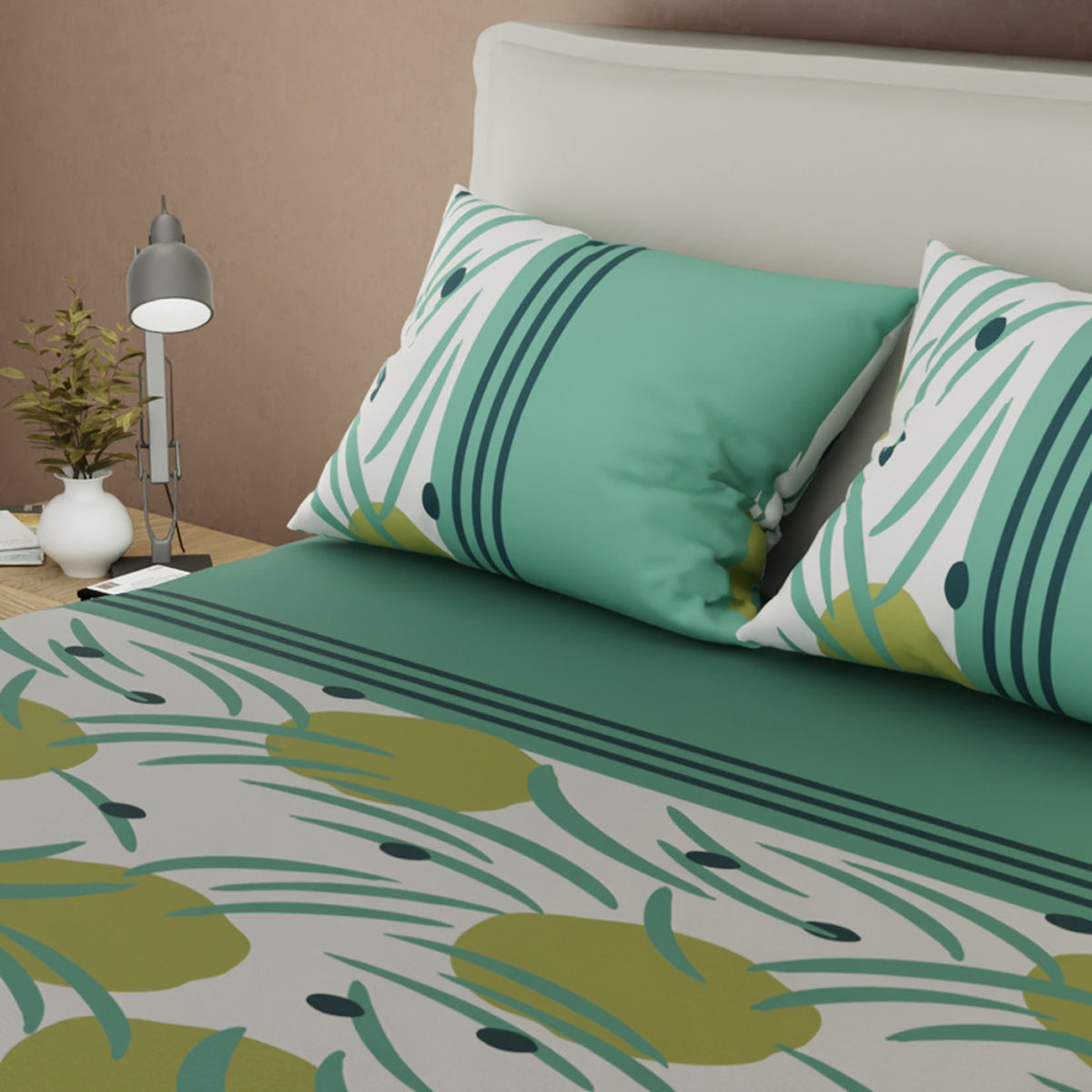 Sábana ajustable Navy Bloom para cama doble verde jade en microfibra 140x190 cm