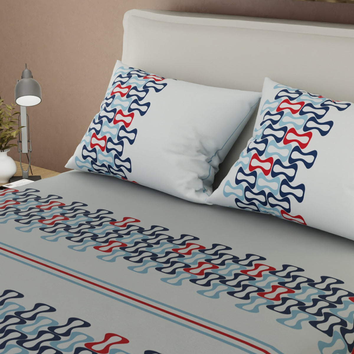 Sábana ajustable Red Retro para cama doble gris y azul en microfibra 140x190 cm con fundas